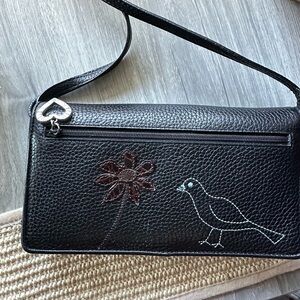 Brighton Black Leather Crossbody Bag with Embroidered Bird & Patch Flowers